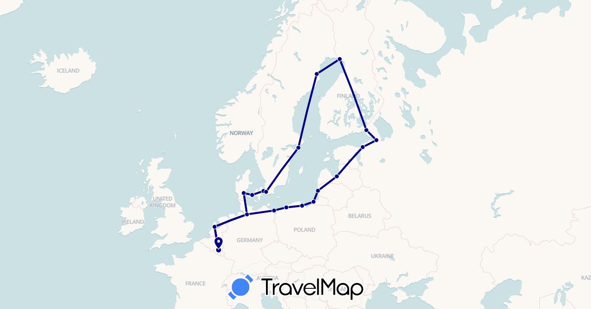 TravelMap itinerary: driving in Belgium, Germany, Denmark, Estonia, Finland, Lithuania, Latvia, Netherlands, Poland, Russia, Sweden (Europe)